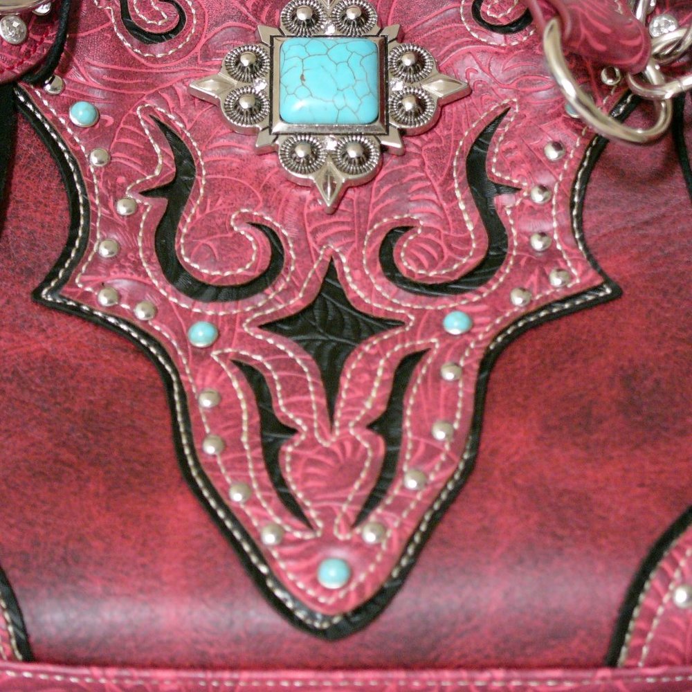 Woman's Purse, Imitation Leather in Burnt-Red, Black, Turquoise, Rhinestones